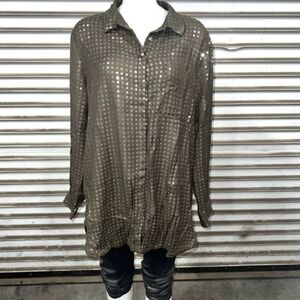 Anthropologie Maeve Olive Brown Arwa Sequin Hi-Lo Button Down Shirt Size XL
